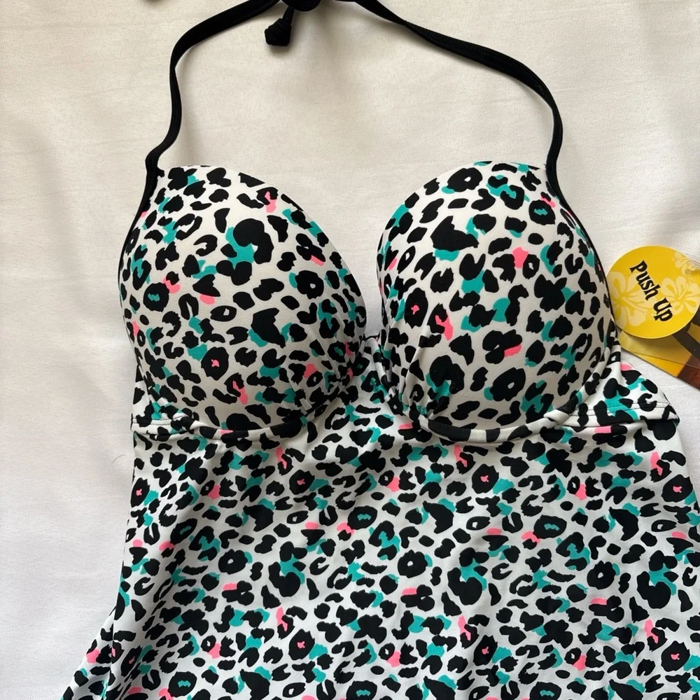 Joe Boxer White Leopard Print Push-Up Halter Tankini with Teal & Pink Accents - Picture 1 of 4
